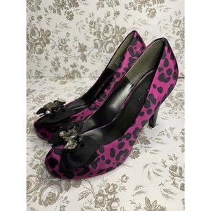 Y2K Candies magenta leopard print stilettos bow and rhinestone toe detail